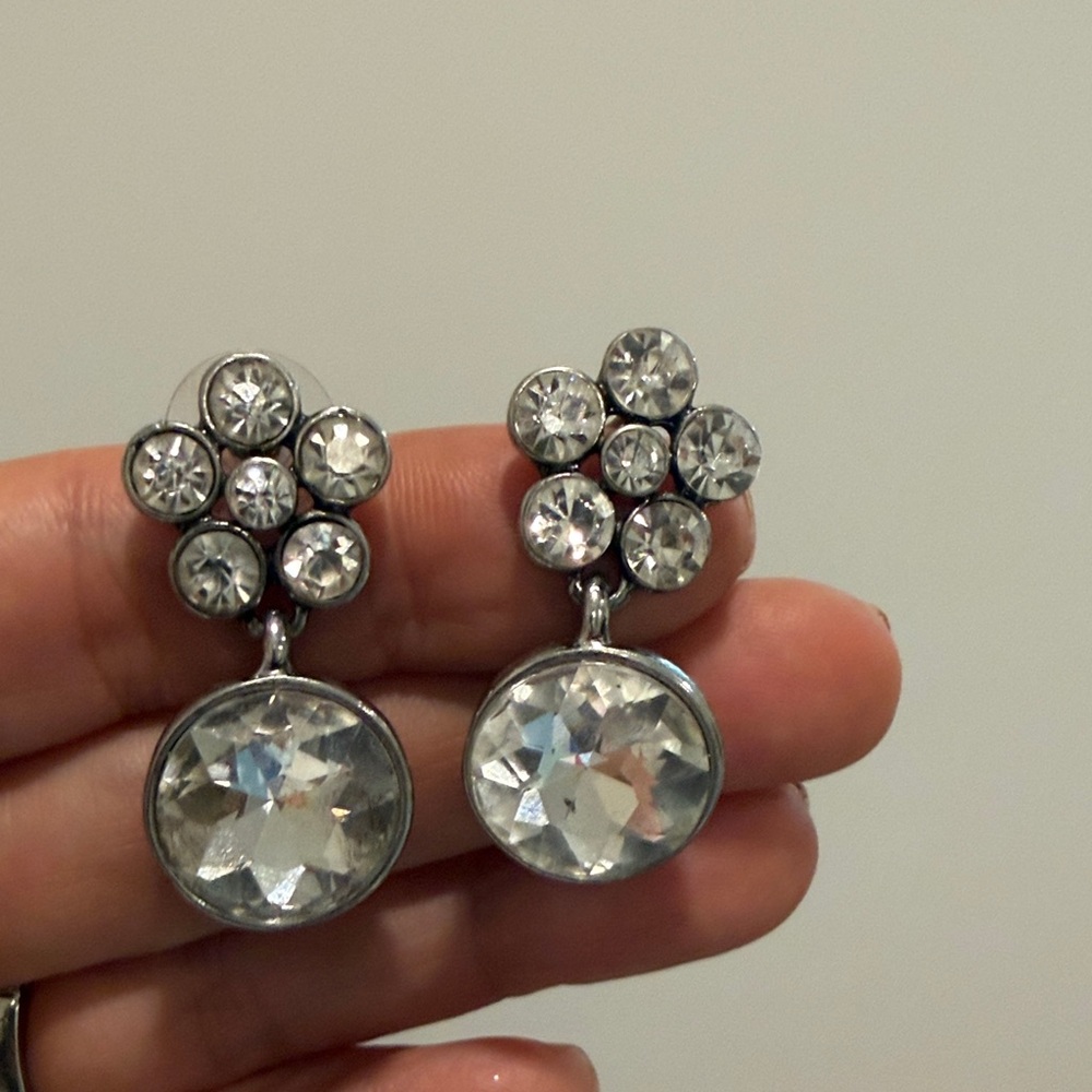 Crystal Drop Cluster Earrings - Clear Silver Tone